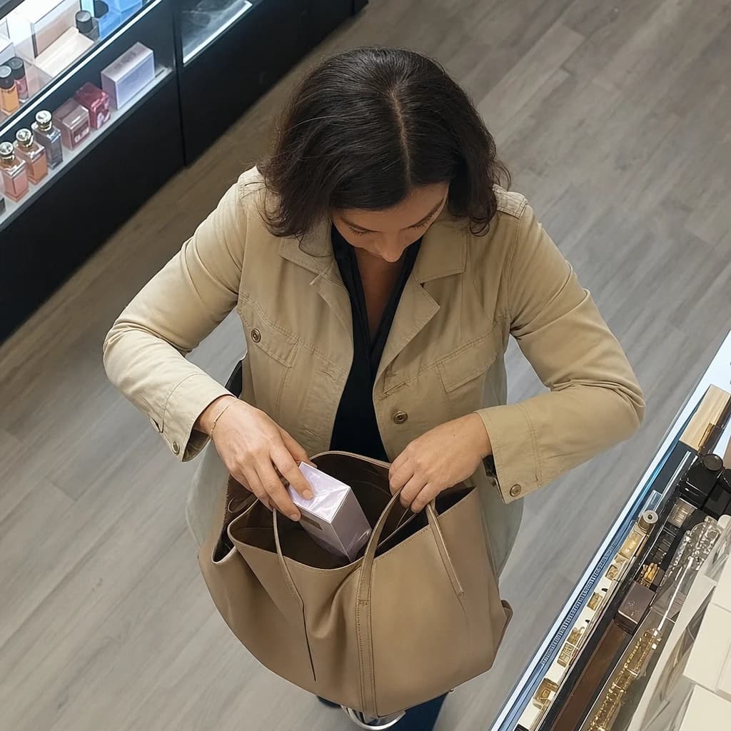 A shopper placing a boxed perfume into an open tote in a cosmetics store.