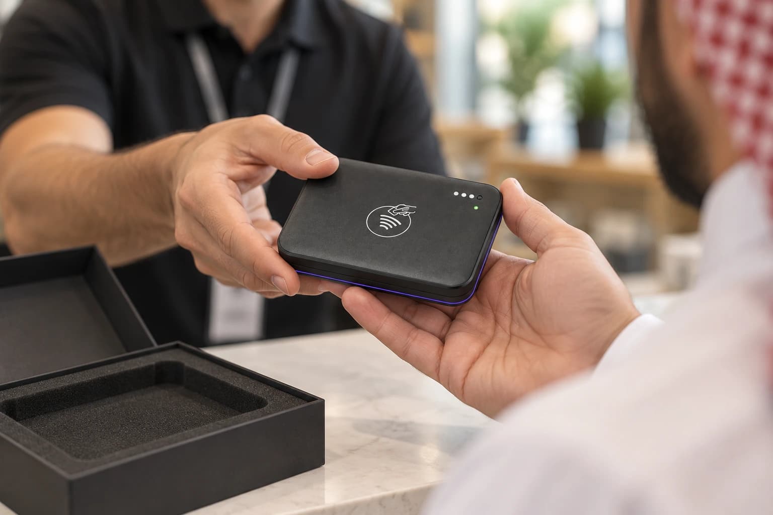 A service specialist handing a Trilogy card reader to a shop owner beside its protective box.