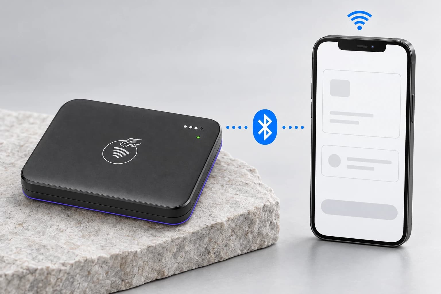 A Bluetooth symbol linking the Trilogy card reader to a smartphone, with a Wi-Fi symbol above the phone.