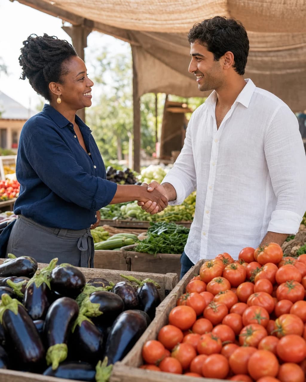 A restaurant owner shaking hands with a produce supplier beside fresh vegetable crates.