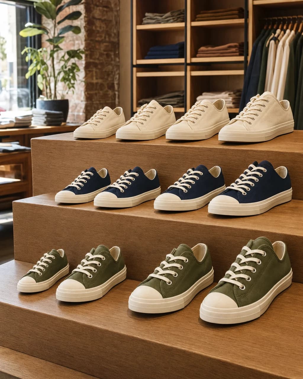 One canvas shoe design displayed in cream, navy, and olive, with several sizes of each.
