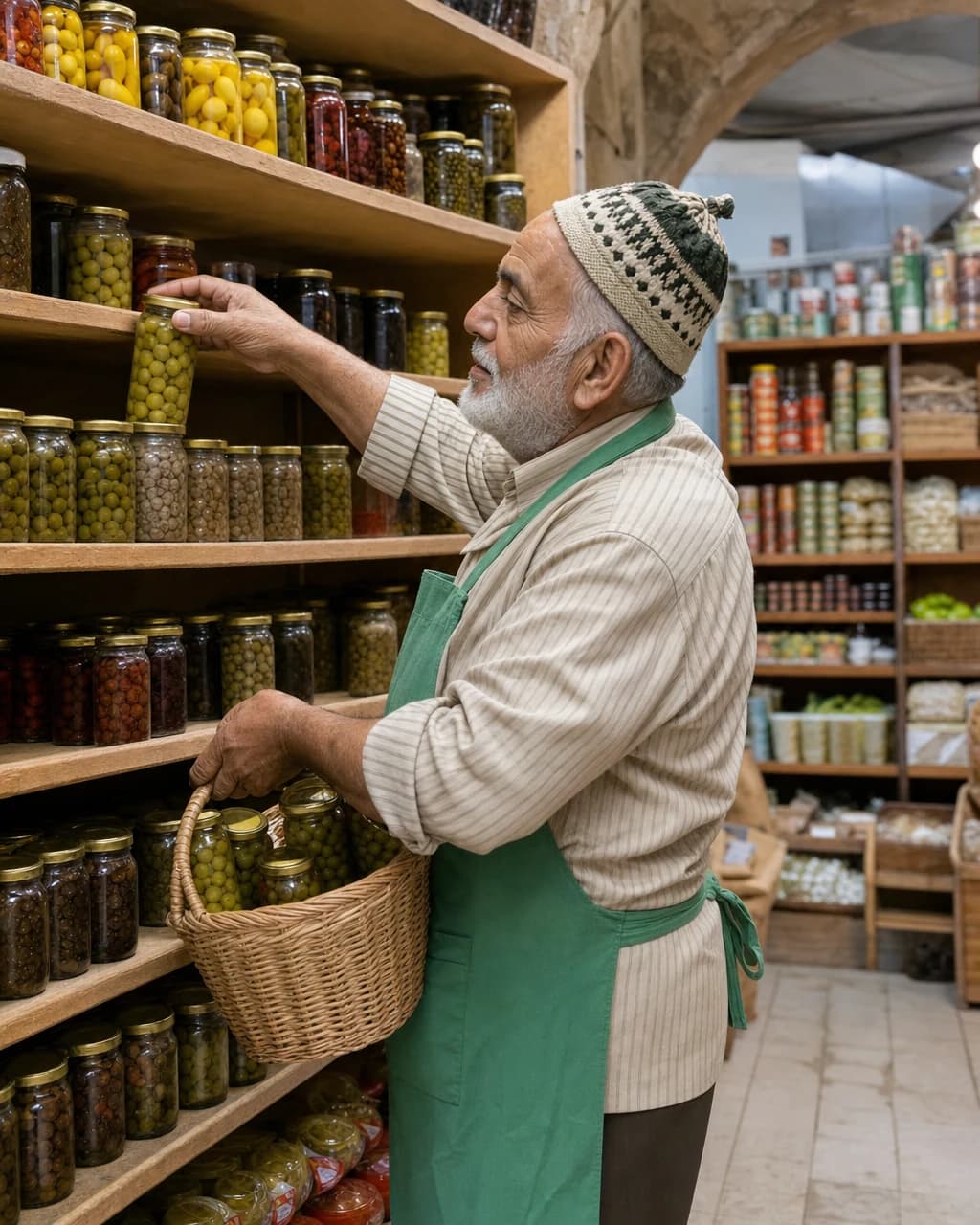 A grocer replenishing a sparse shelf of olive jars from a wicker basket.