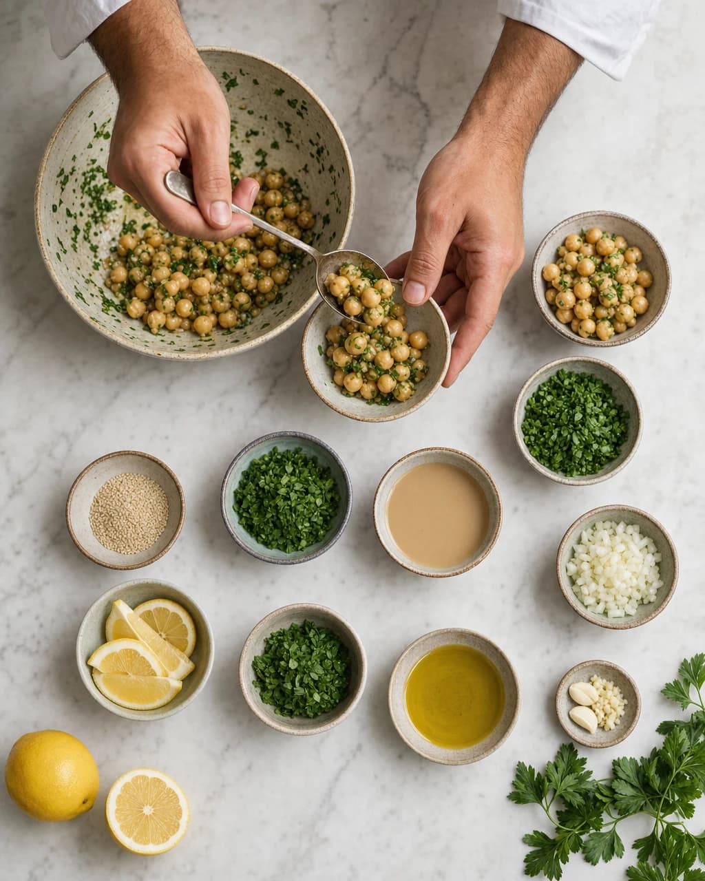 Overhead view of a chef portioning chickpea salad beside measured ingredients on marble.