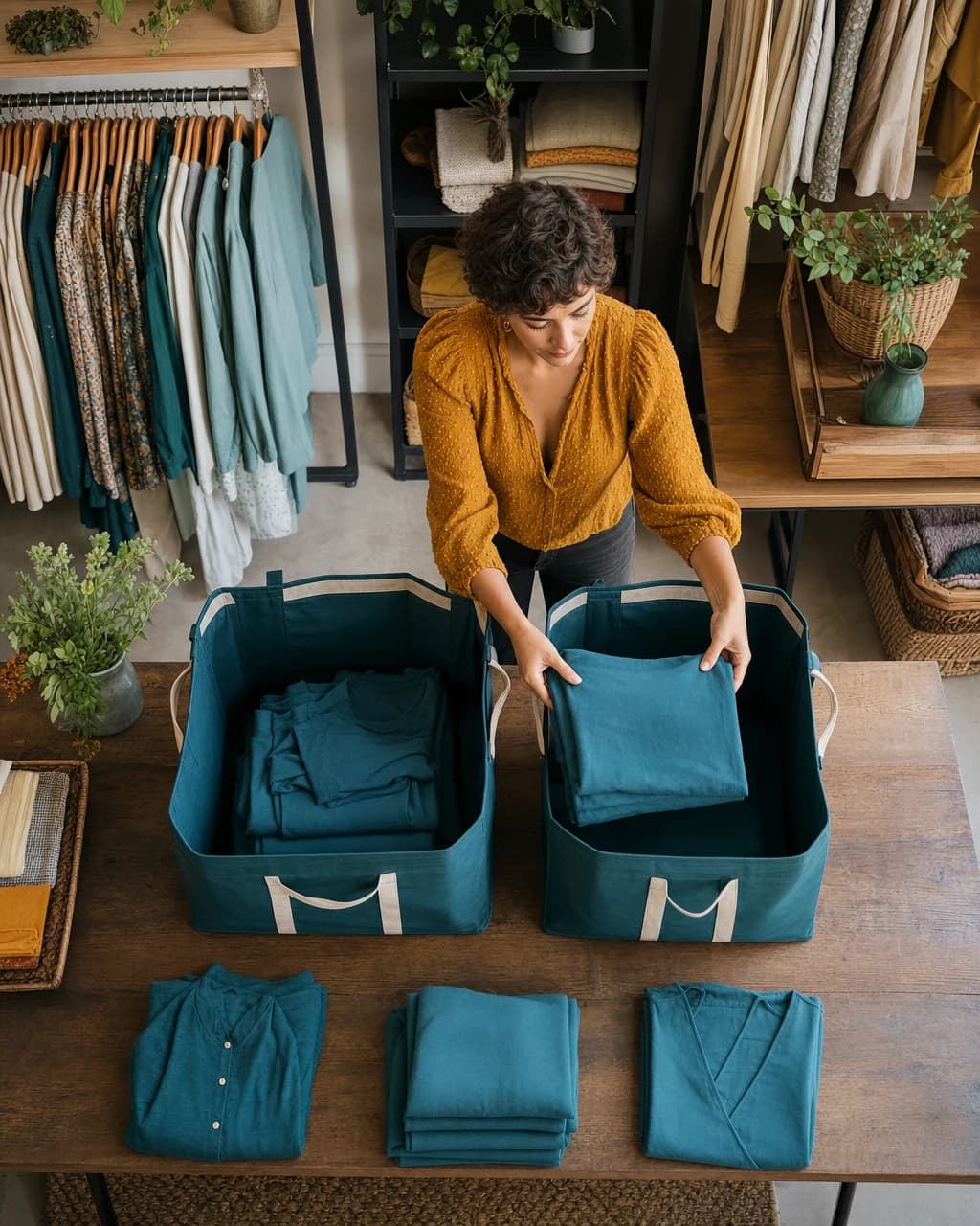 A boutique worker dividing folded clothing between two delivery bins for separate stores.
