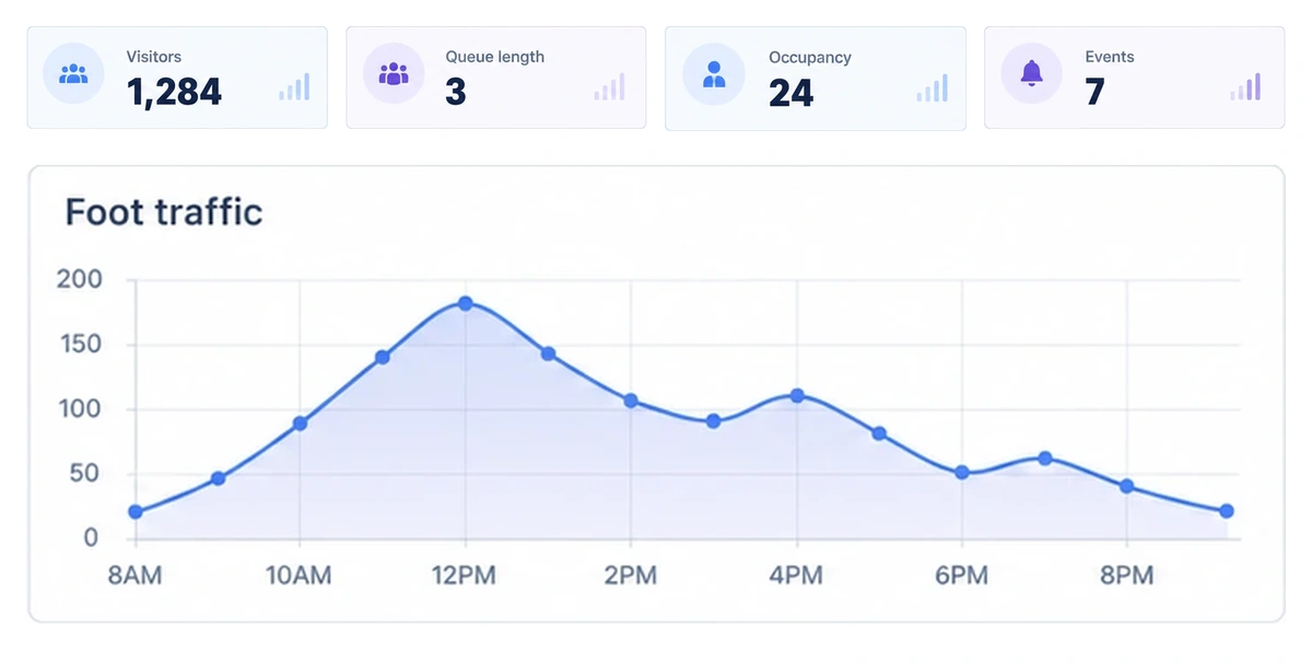 Wireframe camera analytics with visitor, queue, occupancy and event statistics