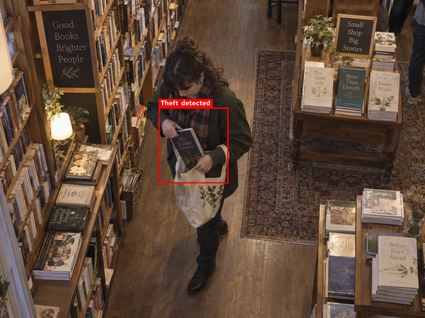 A book entering a tote bag with a theft detection box around the action