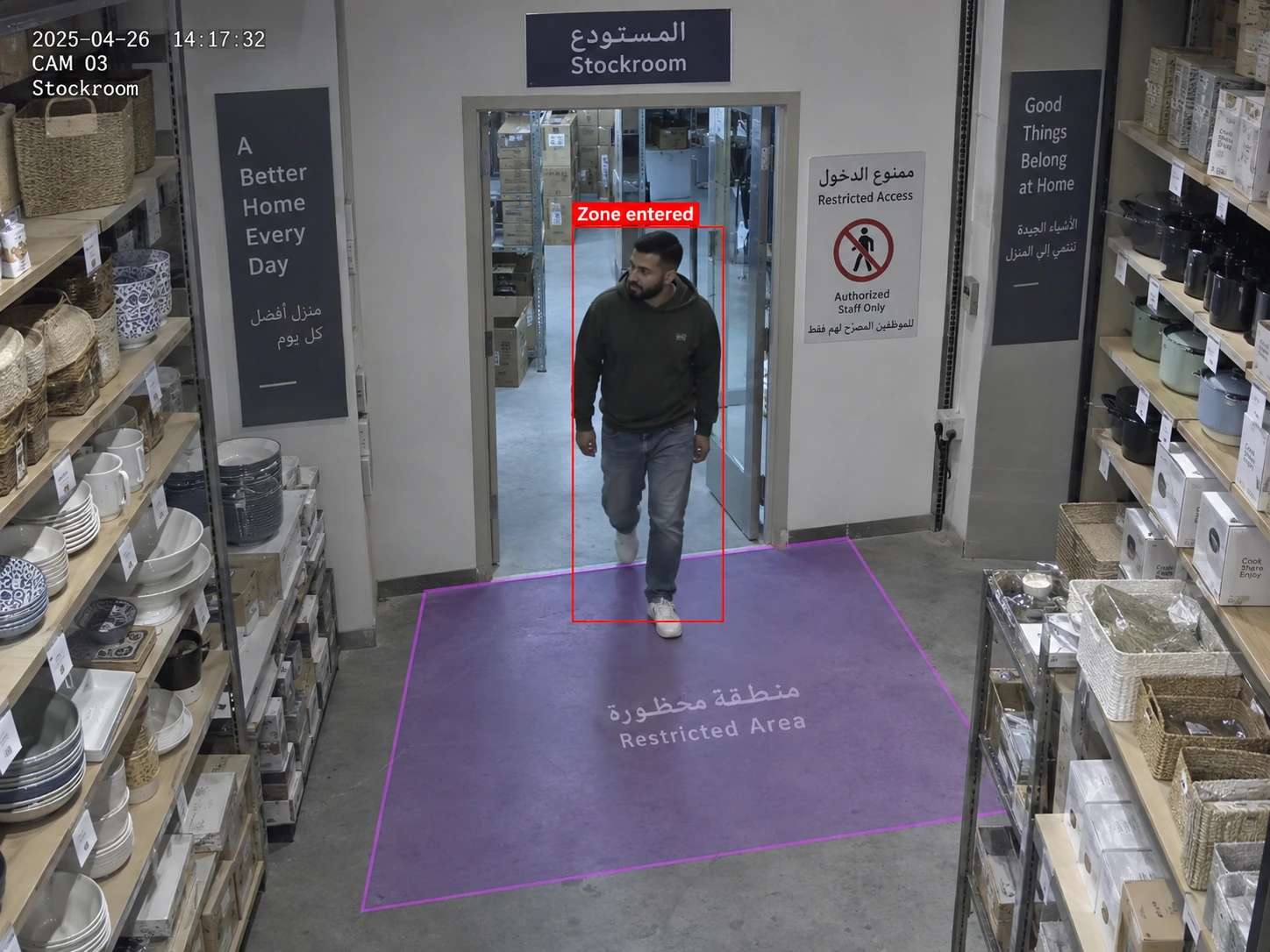 A person crossing a marked stockroom zone with a zone entry alert