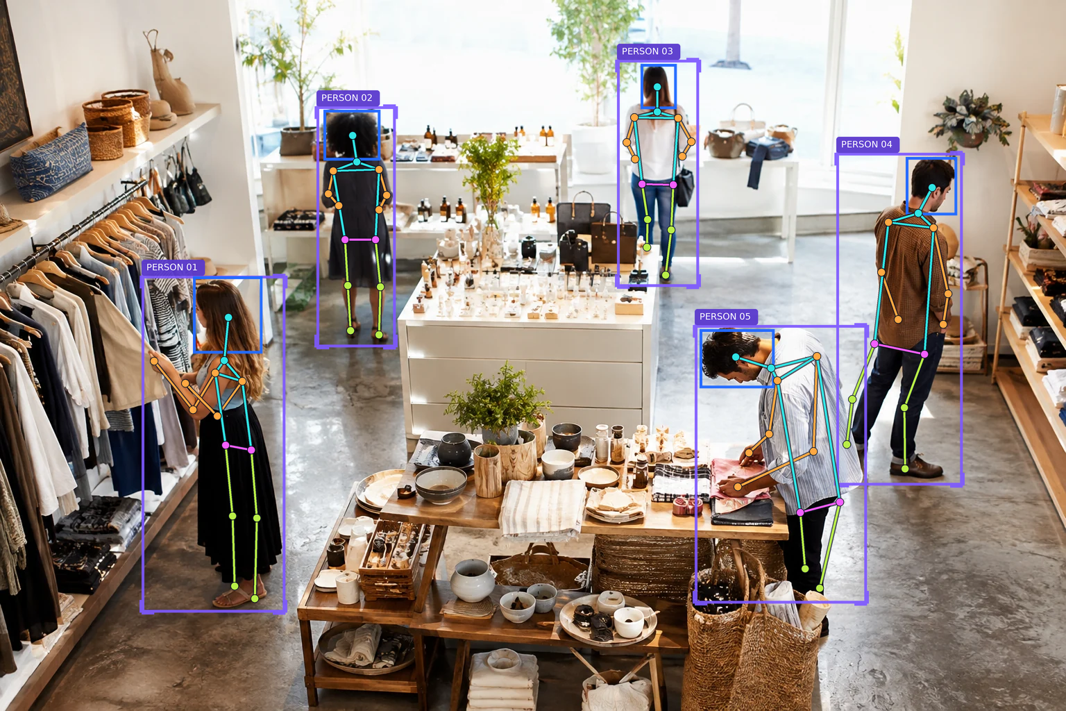 Five shoppers in a boutique with person boxes, head boxes, and pose skeletons