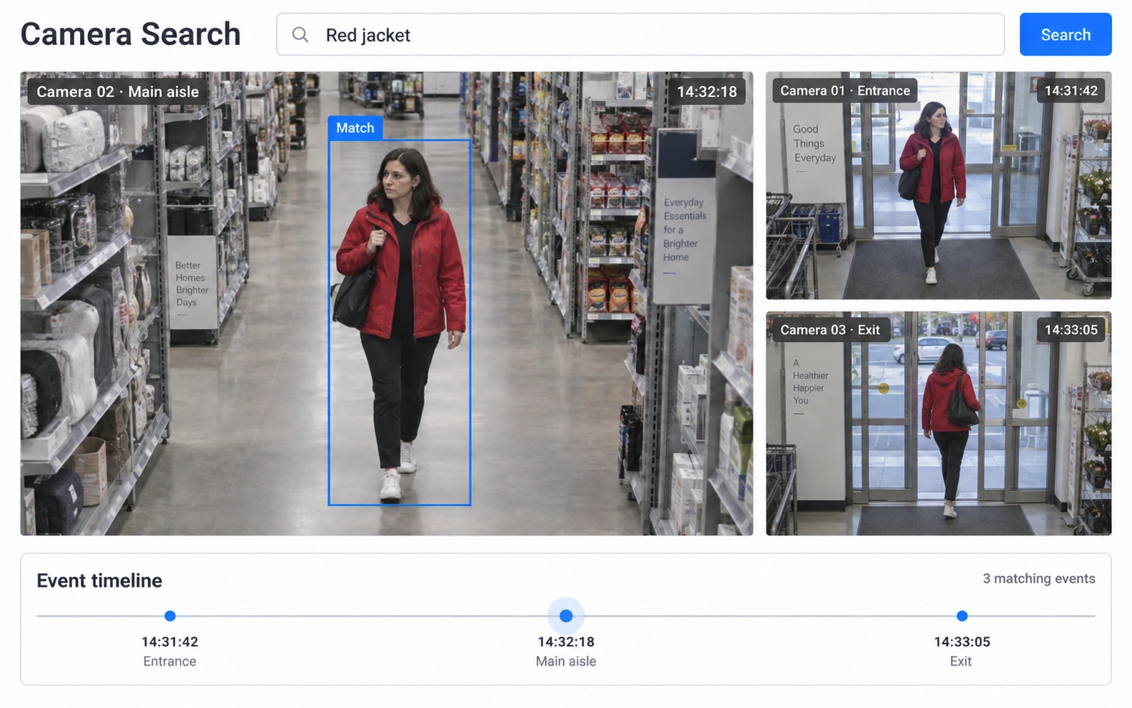 A red jacket search with a large camera view, matching results and an event timeline