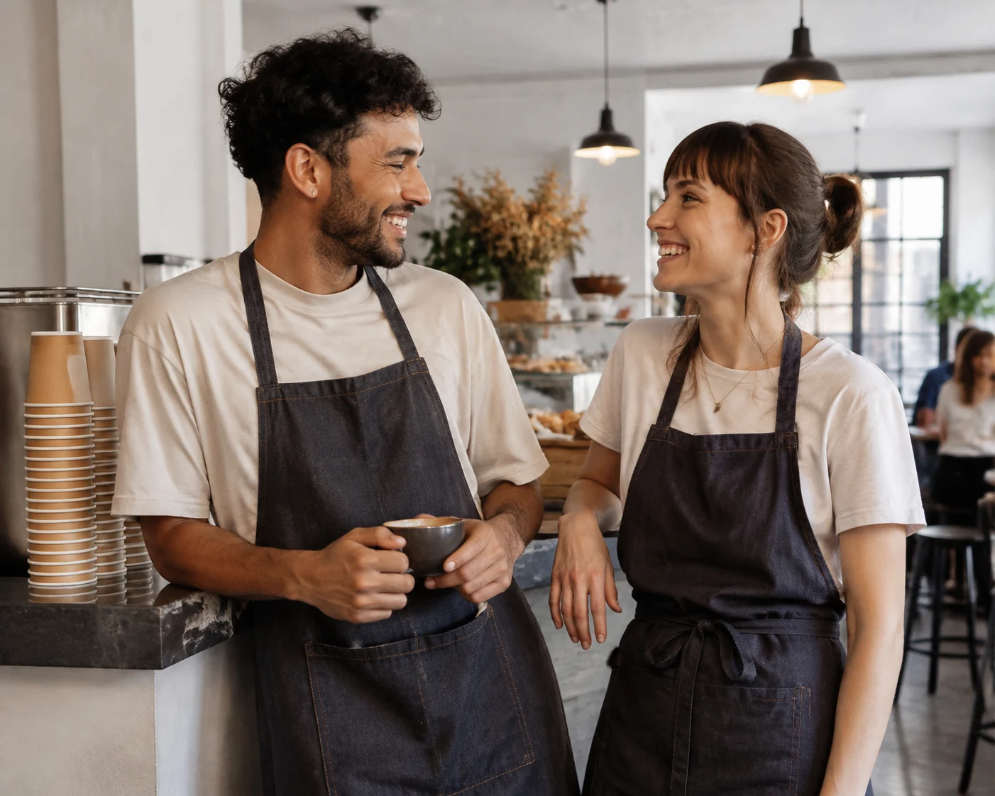 Two smiling aproned cafe colleagues sharing a brief check-in beside stacked paper cups.