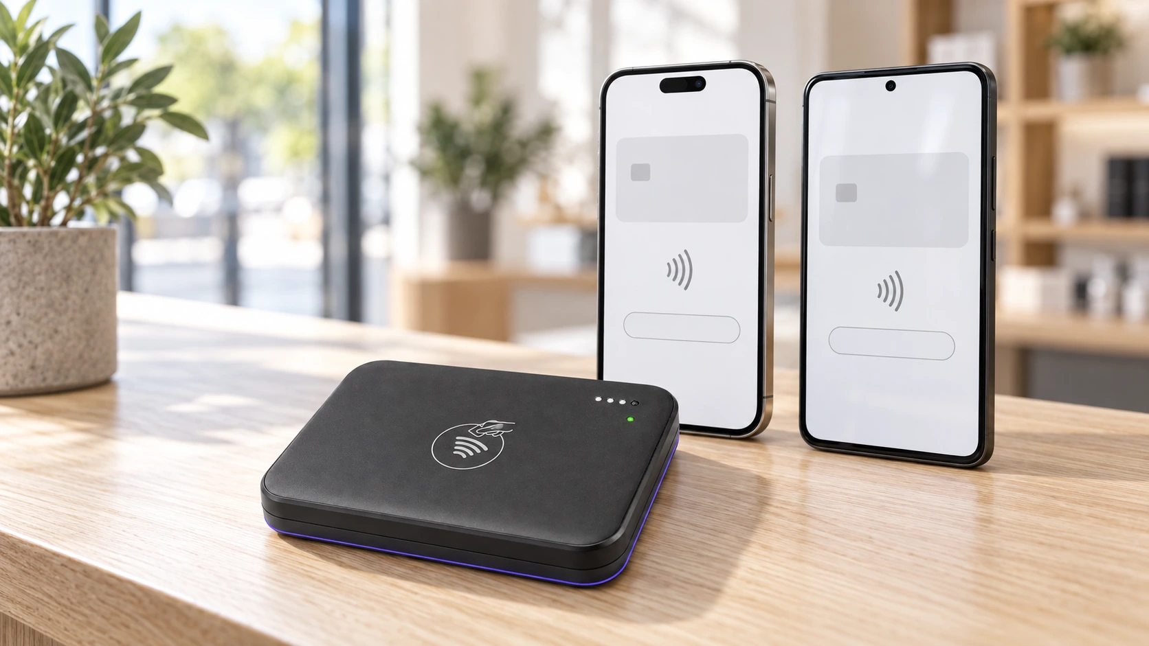 An iPhone and Android phone displaying payment wireframes beside the Trilogy card reader on a shop counter.
