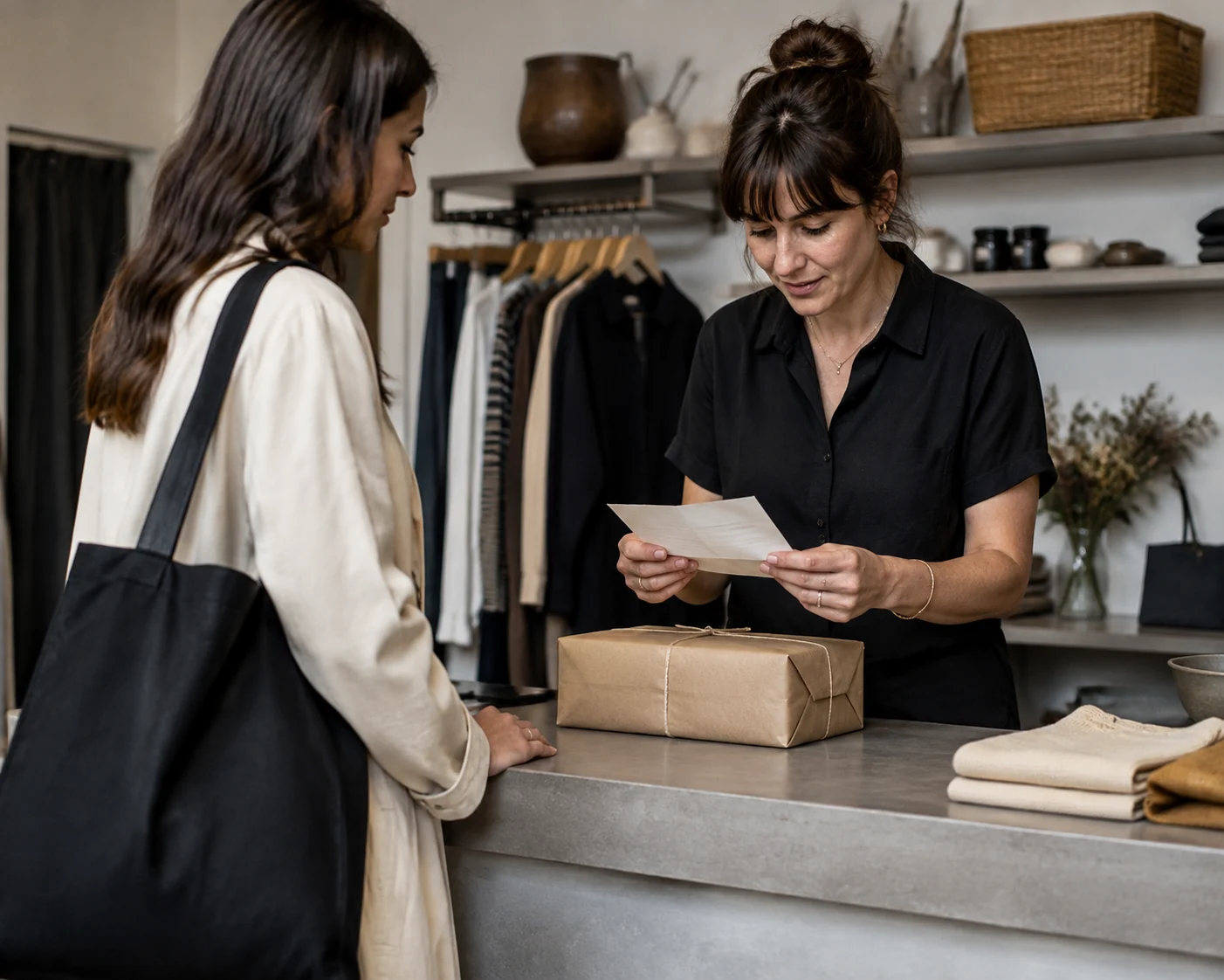 A merchant checking a paper order beside a sealed parcel