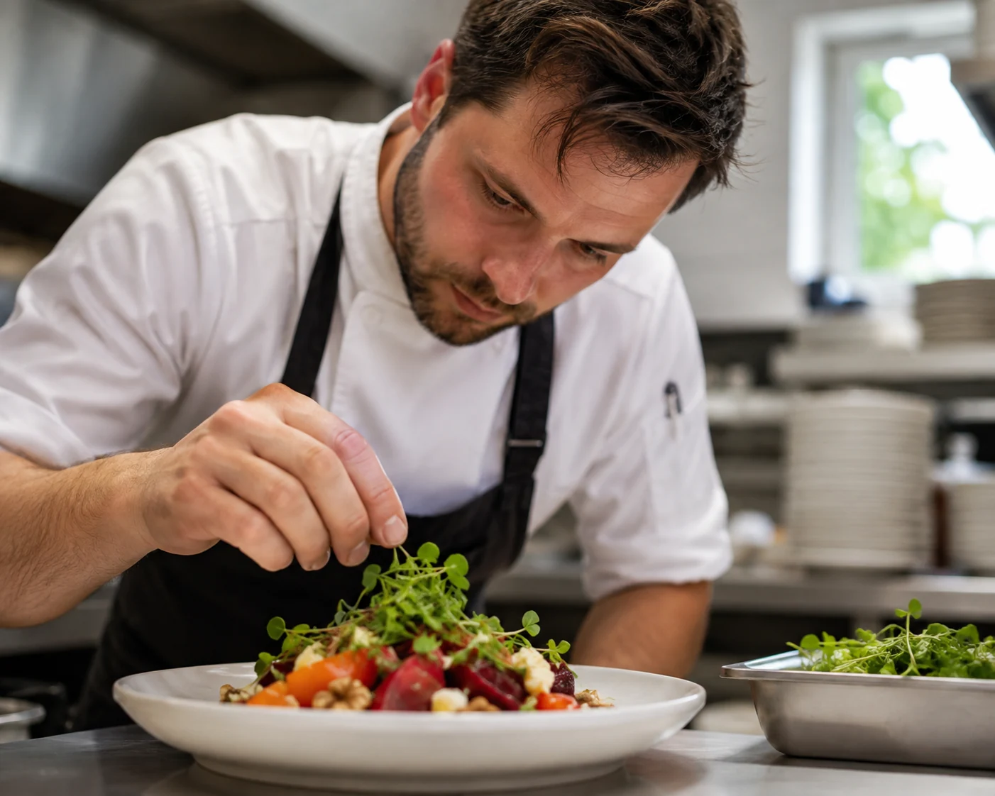 Focused chef garnishing a colorful plate at clean professional kitchen pass.