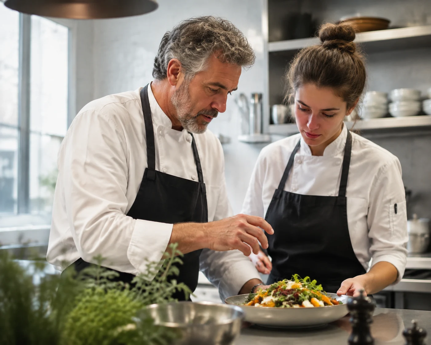 Senior chef and junior cook assessing an actual colorful plated salad together at prep counter.