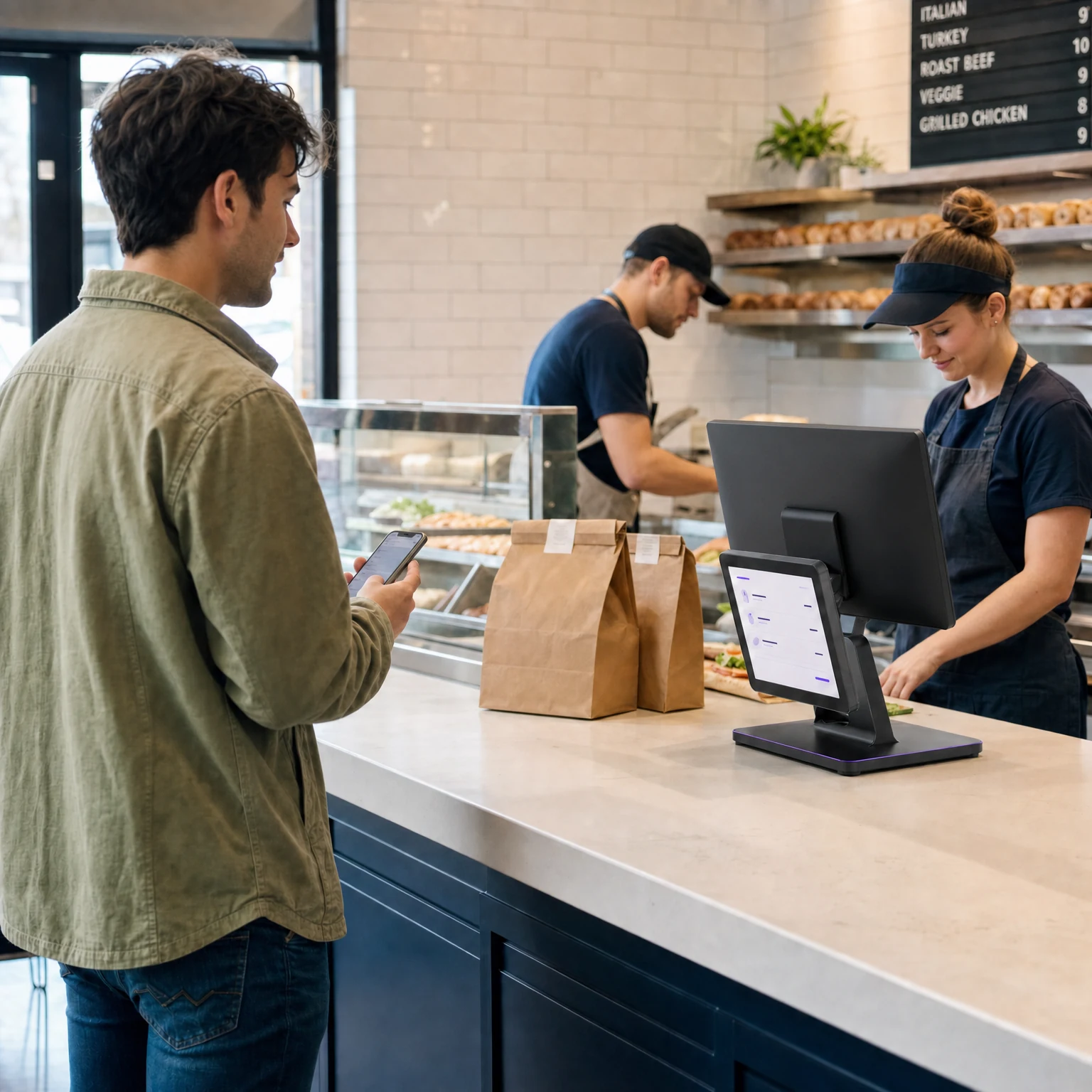 A customer holding an iPhone waits beside takeaway bags and a paired POS at a sandwich shop counter.
