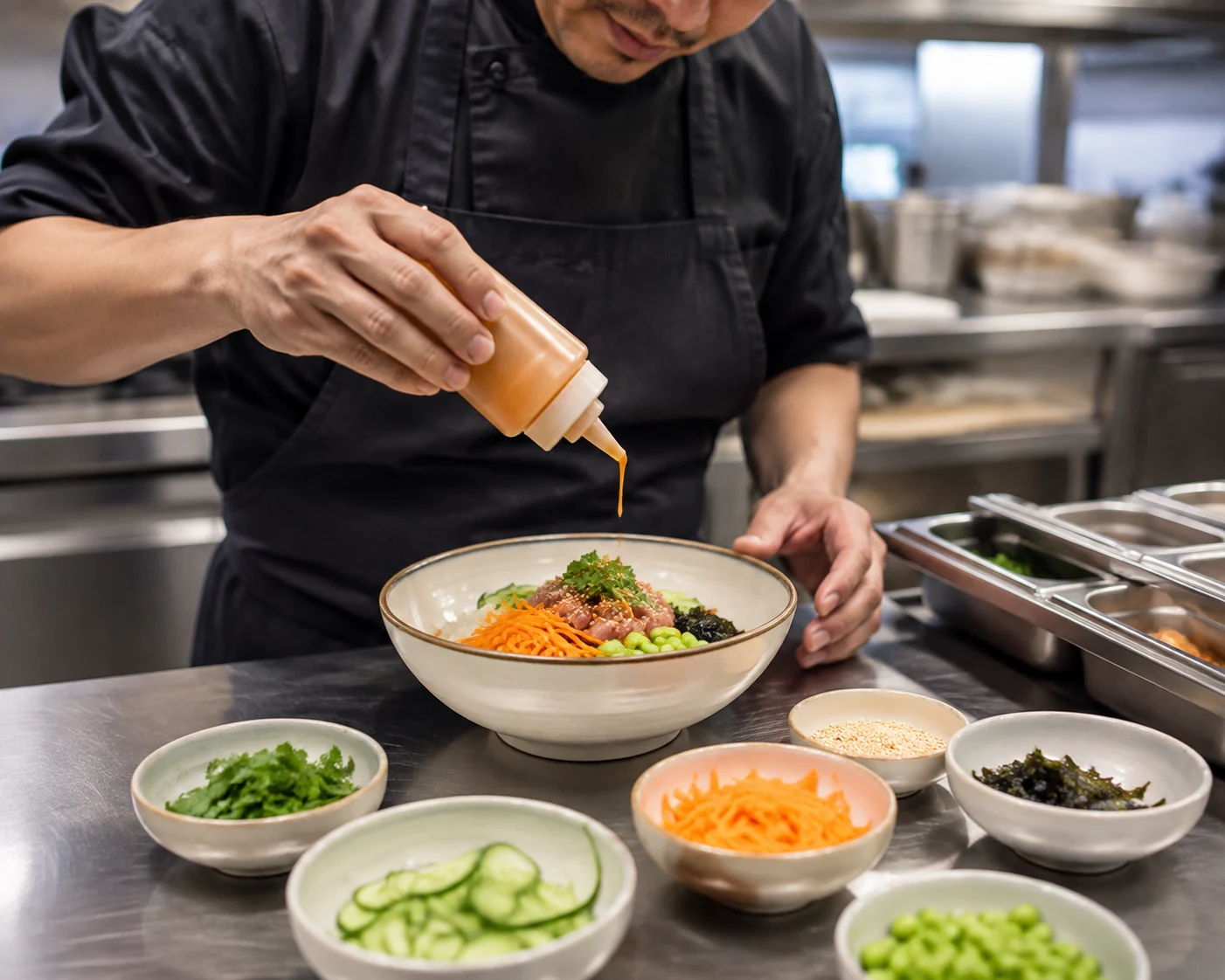 A chef adding ingredients to a freshly prepared bowl