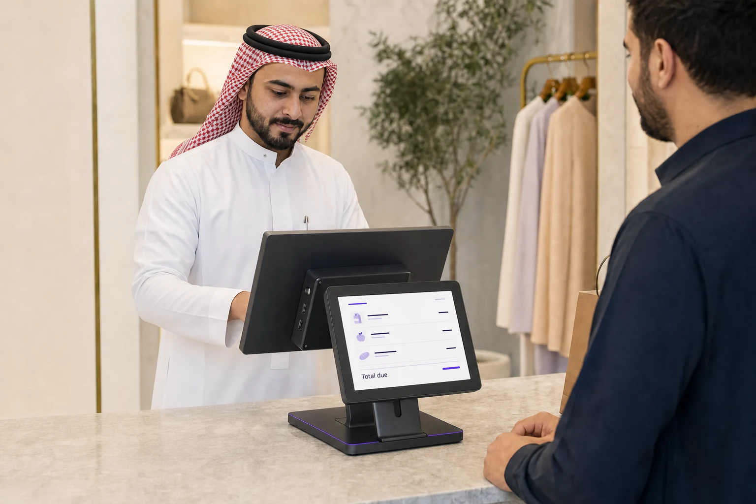 A POS and customer display placed back-to-back, with the customer screen facing the customer across the counter.