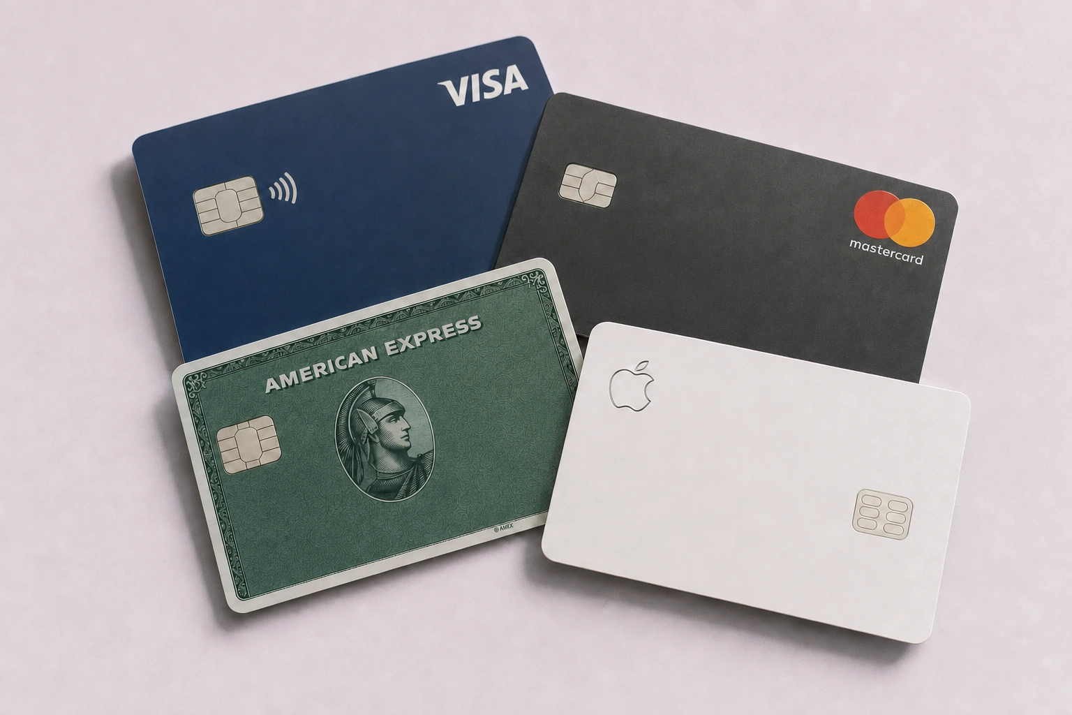 Visa, Mastercard, American Express, and titanium Apple Card arranged with their branding visible.