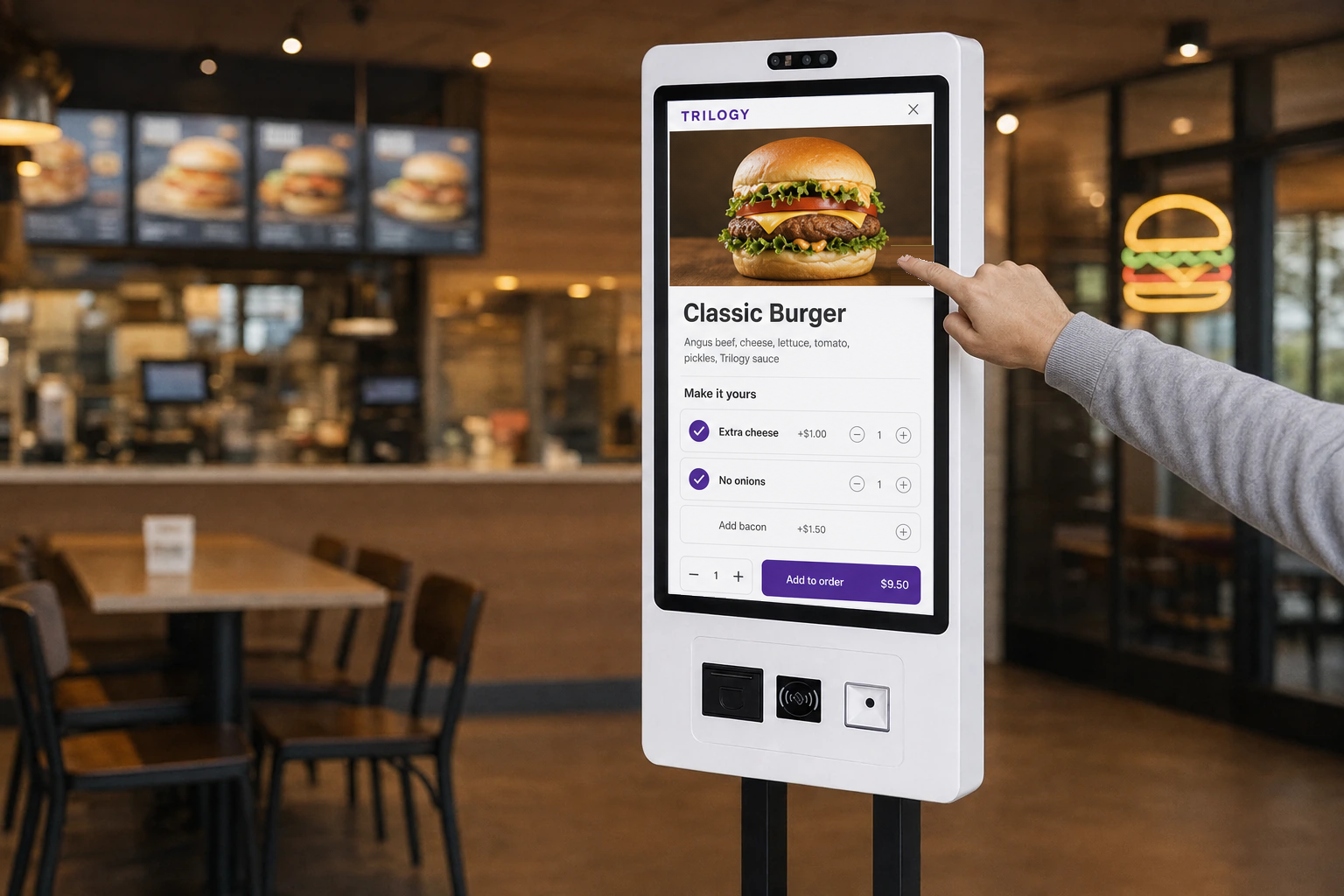 A customer selecting extra cheese and no onions on the kiosk's purple wireframe order screen.