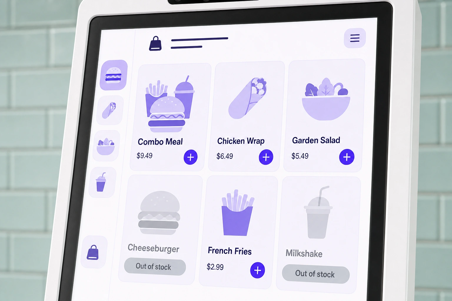 A close-up of the kiosk's purple wireframe menu with two greyed-out items labeled Out of stock.