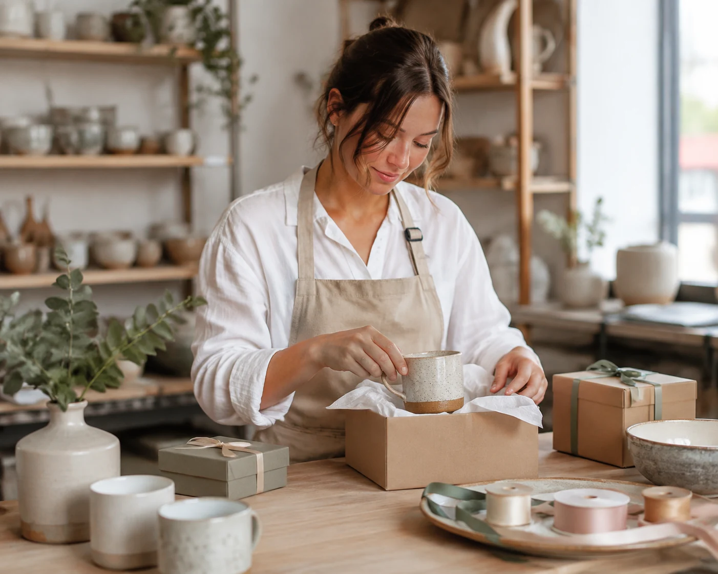 Artisan packing a ceramic mug with tissue paper into a kraft gift box.