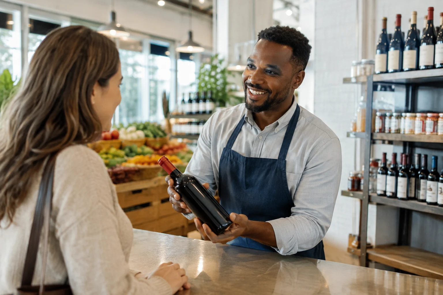 Smiling grocery associate assisting an adult customer with a sealed wine bottle at a clear counter.