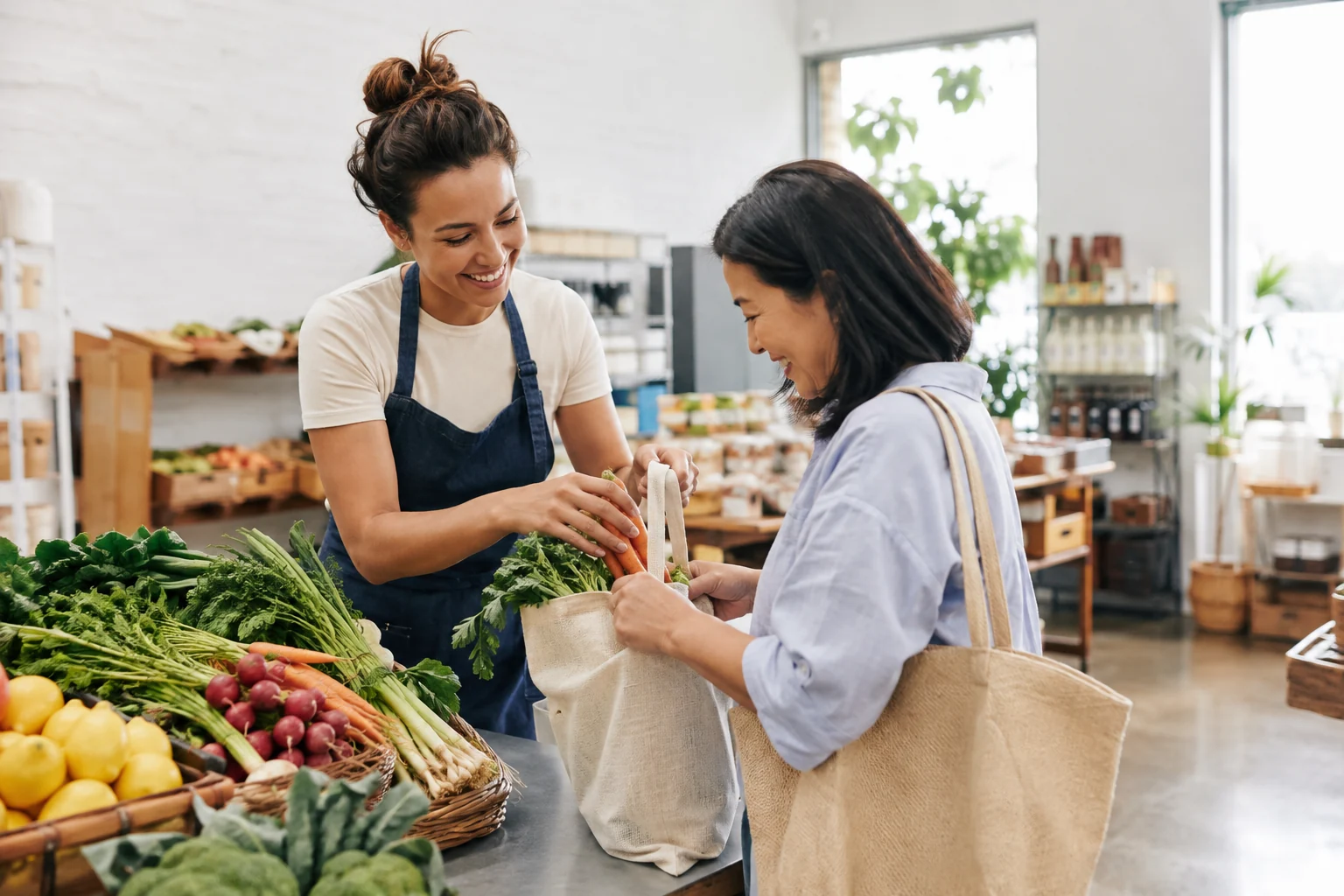 Grocery employee warmly helping a shopper pack produce at clear counter.
