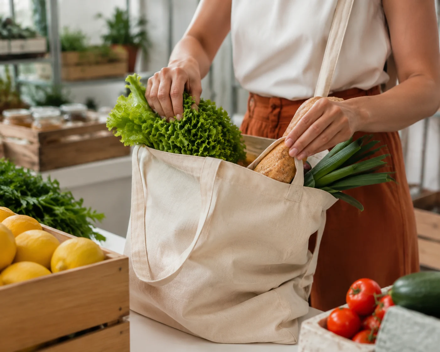 Close shopper hands placing fresh groceries into an open canvas tote on white grocery counter.