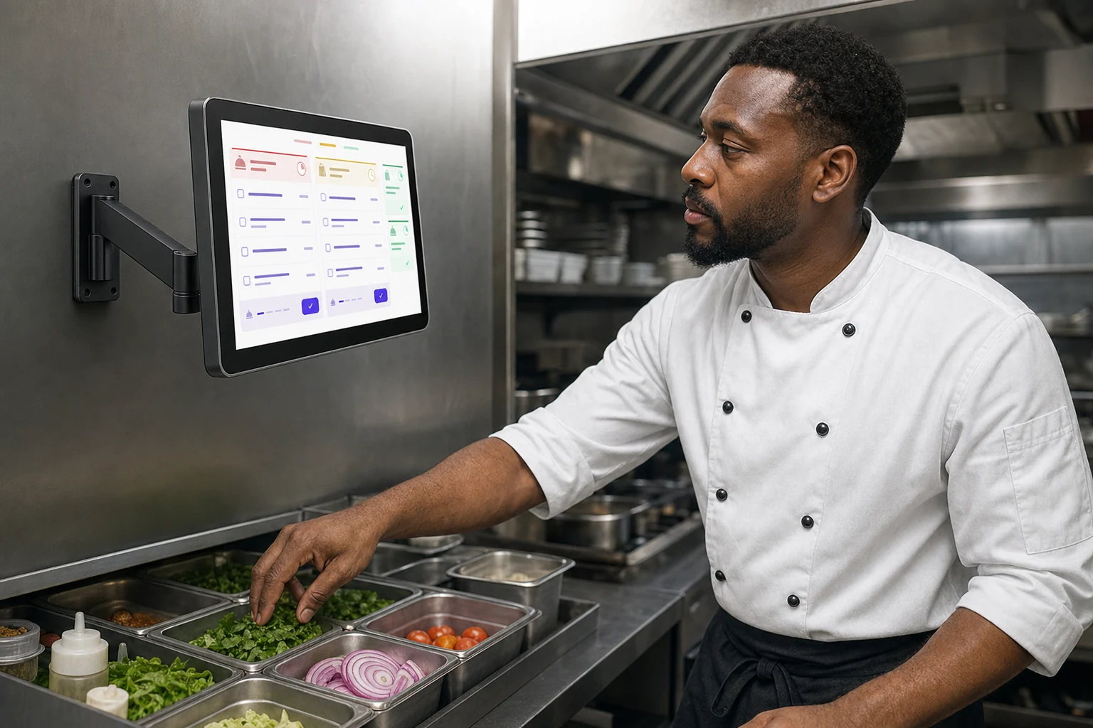 A chef checking incoming orders on the kitchen display beside a stainless-steel prep station.