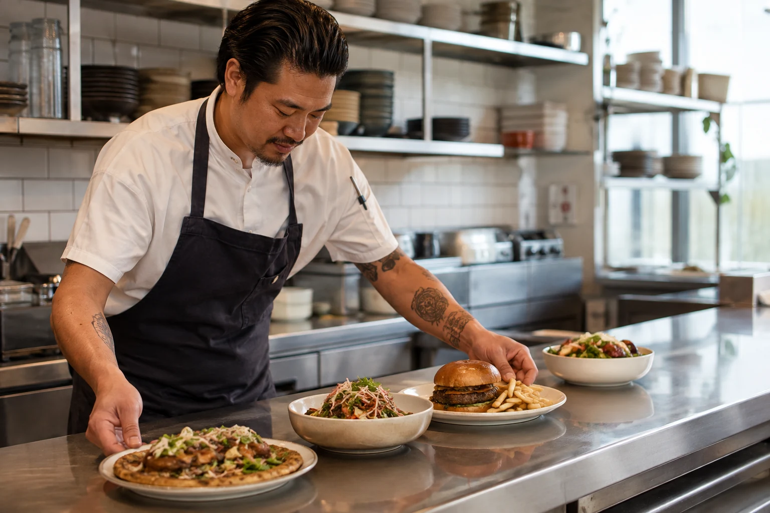 Pass chef arranging several different completed orders in a clear sequence across stainless counter.