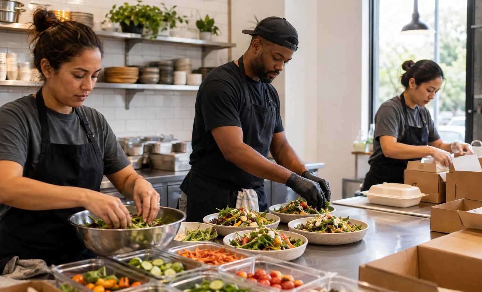 Three kitchen workers in linked preparation.