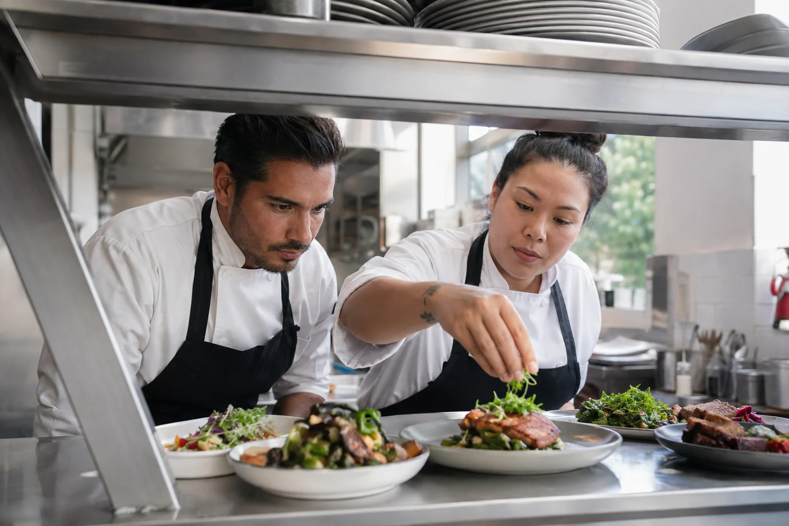 Chef watching several dishes finish at pass while teammate adds final garnish.