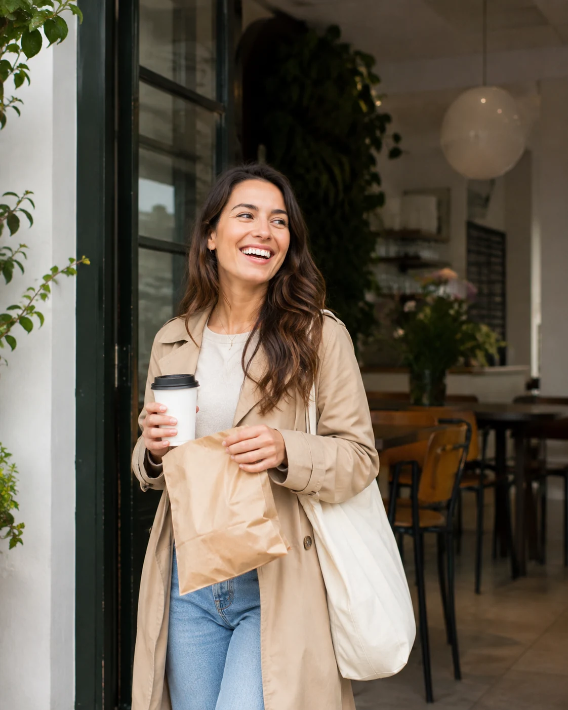Smiling guest at leafy neighborhood cafe entrance holding a takeaway coffee and paper pastry bag.