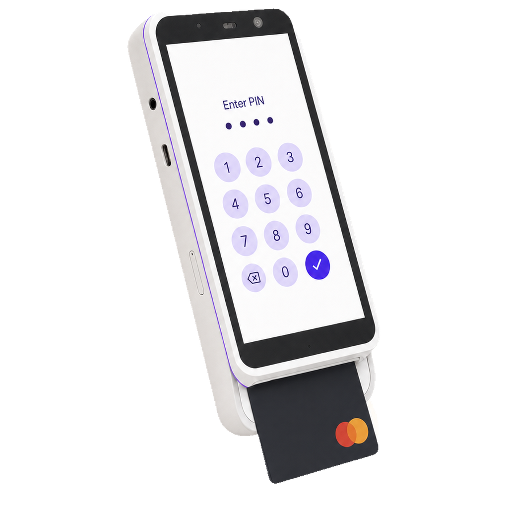 Trilogy payment terminal showing the Enter PIN keypad with a black chip card inserted in the reader.