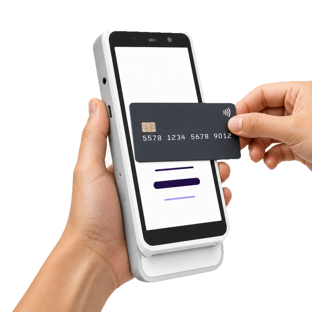 A black card touching the center of the Trilogy terminal's contactless screen.