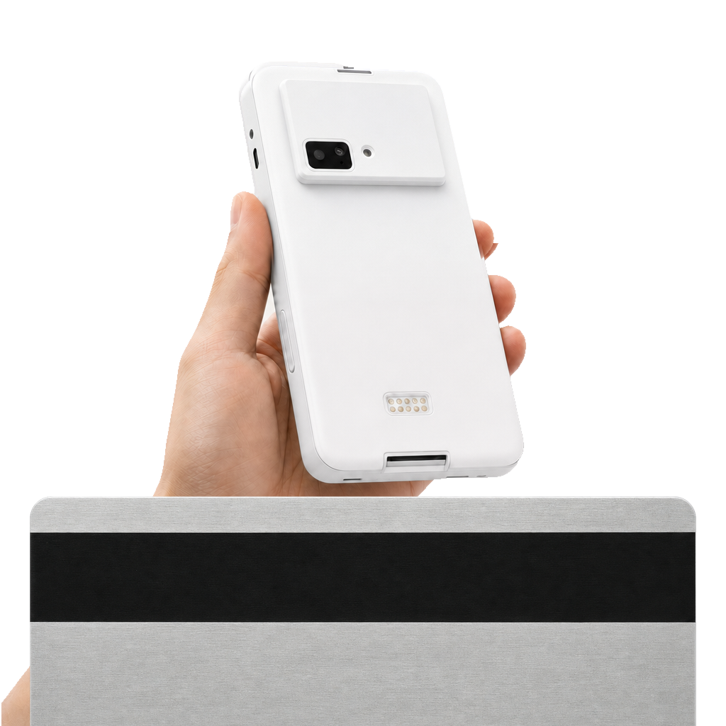 A hand holding the Trilogy terminal behind a close-up magnetic-stripe card cropped at the bottom.