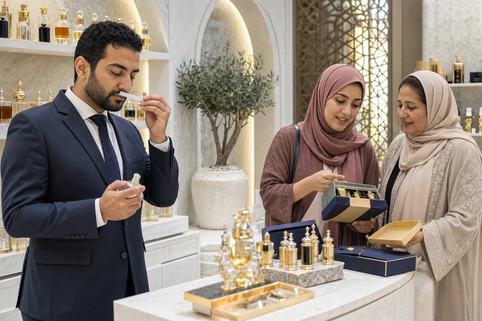 Shoppers testing fragrances and comparing gift sets in a Middle Eastern perfumery.