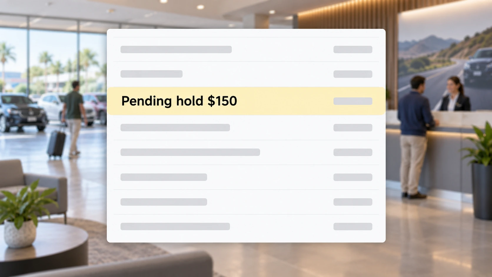 A large bank-statement wireframe highlighting a pending $150 hold over a blurred car-rental lobby.
