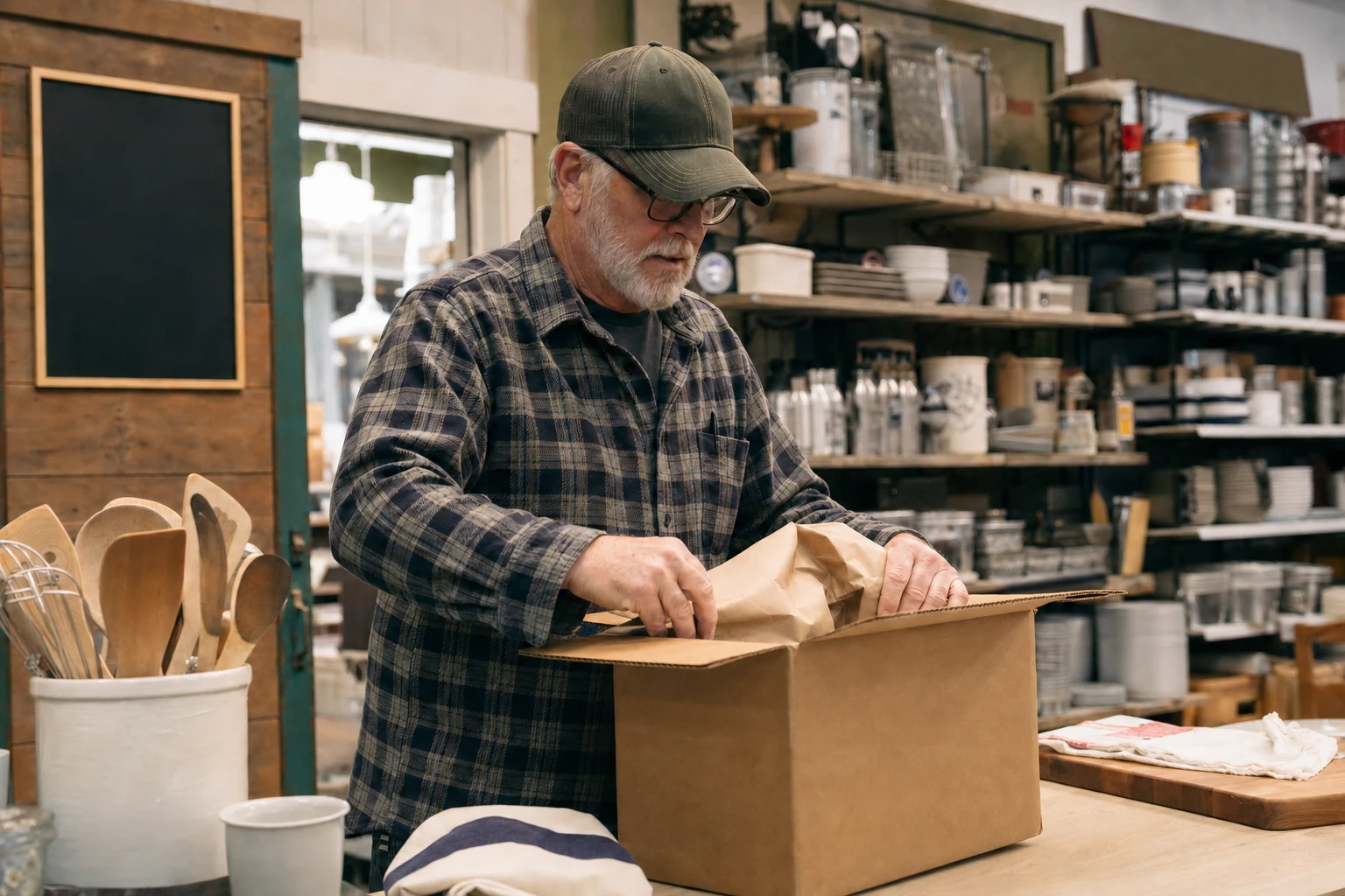 A homewares shop owner opening an equipment box with the hardware still concealed.