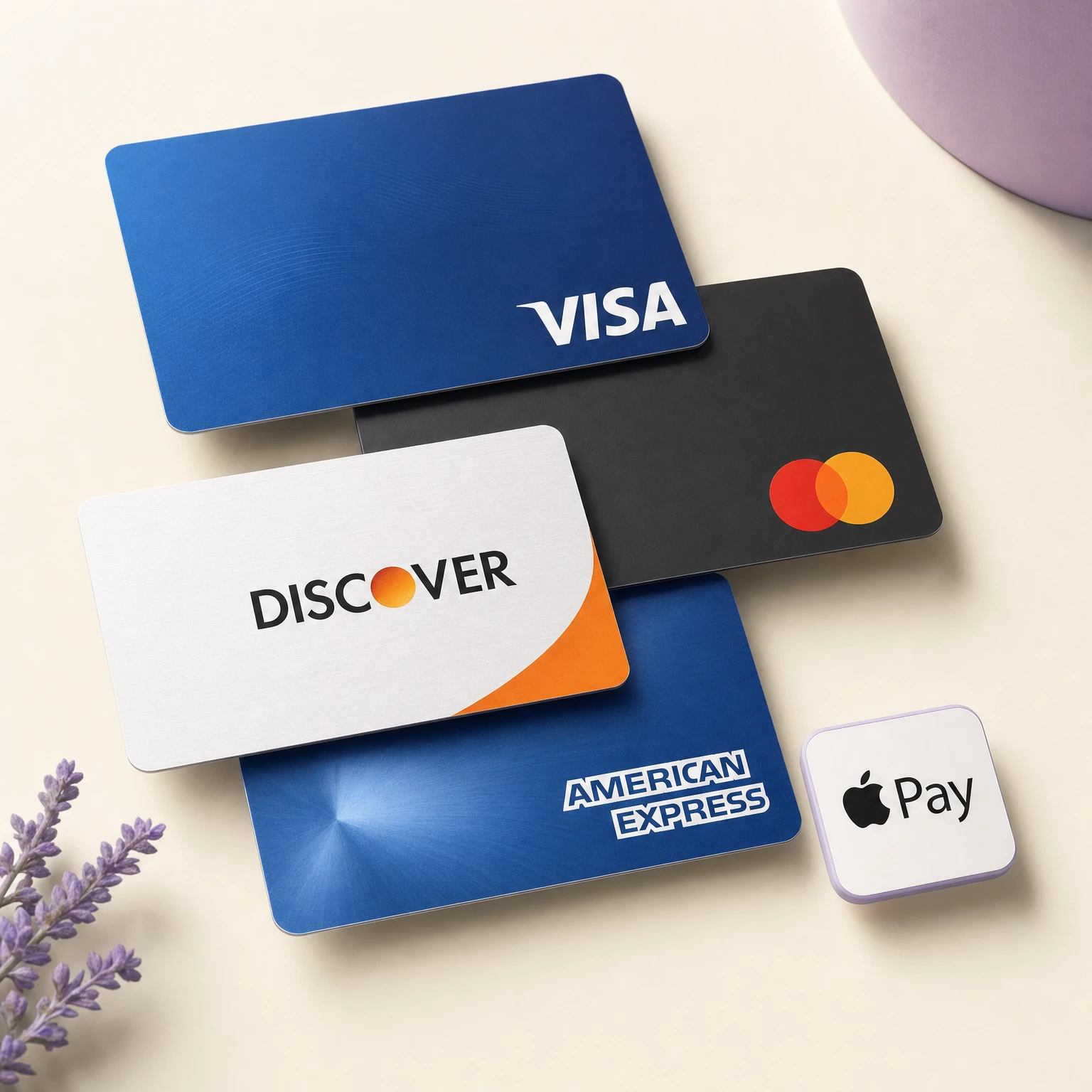 Visa, Mastercard, Discover, and American Express cards arranged beside an Apple Pay tile.