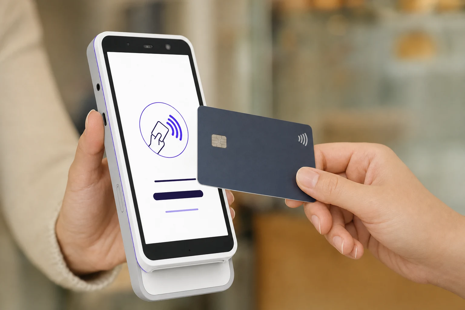 A hand holding a payment terminal toward a customer tapping a bank card.