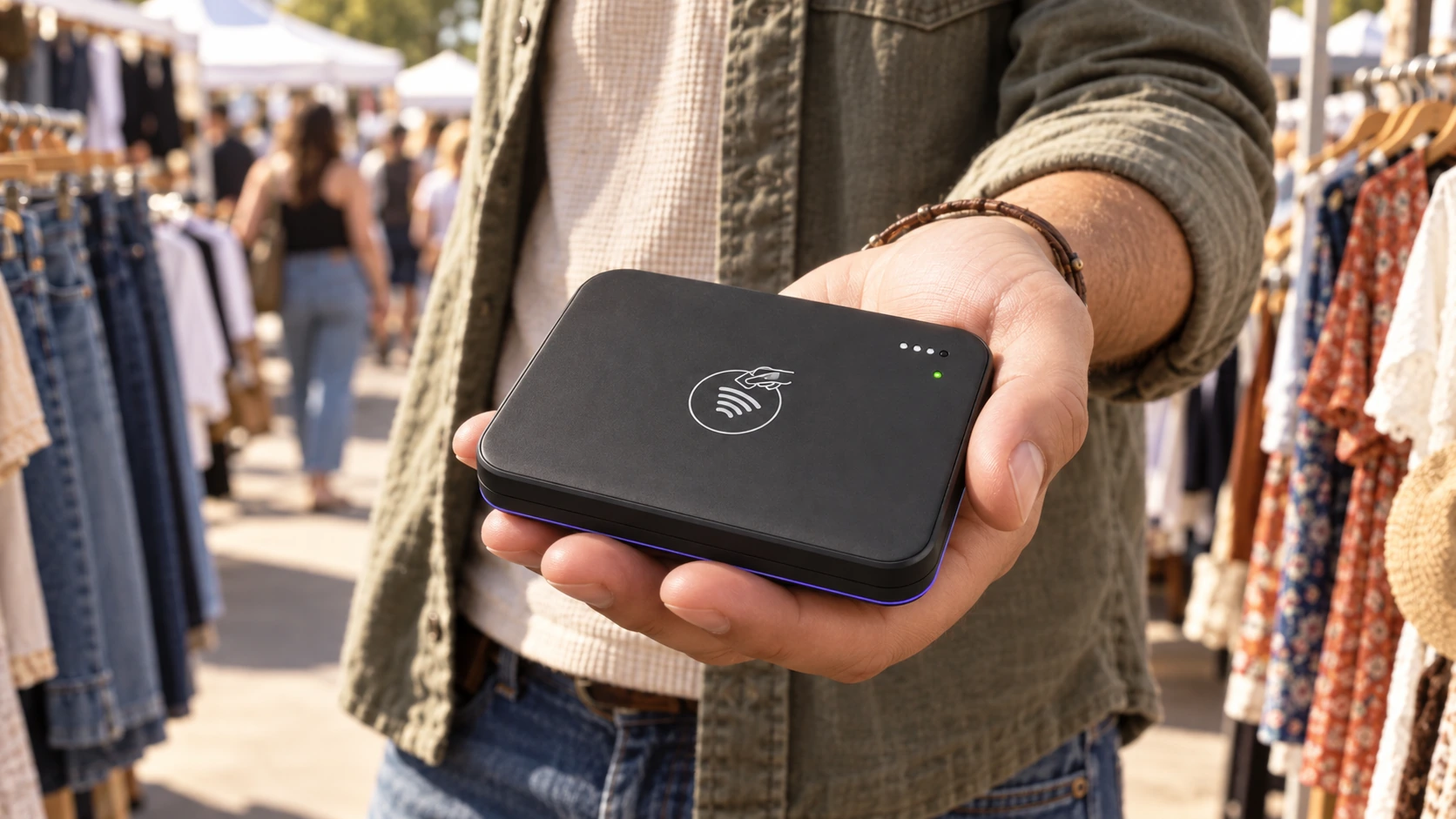 A merchant holding the Trilogy card reader in one hand at an outdoor clothing market.