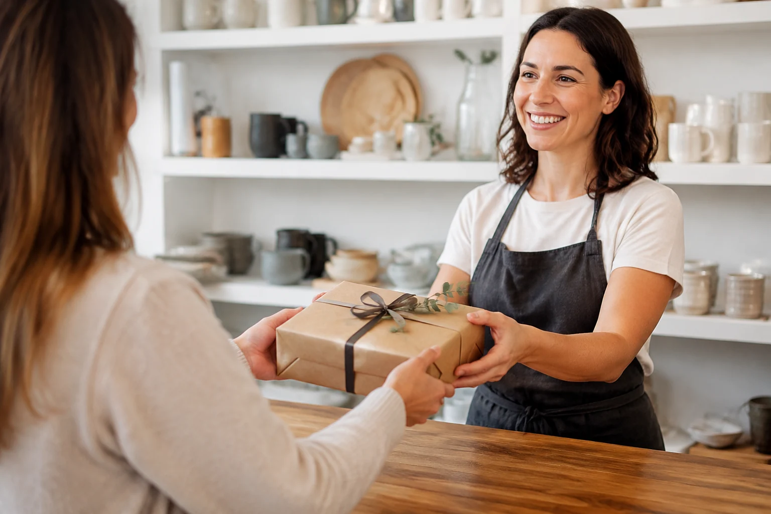 A retail merchant handing a wrapped purchase to a customer