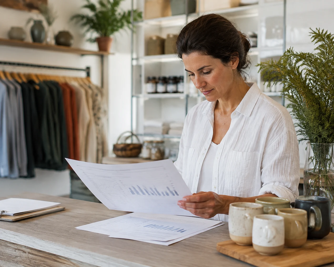 Owner reviewing printed sales summaries beside a tidy grouping of merchandise.