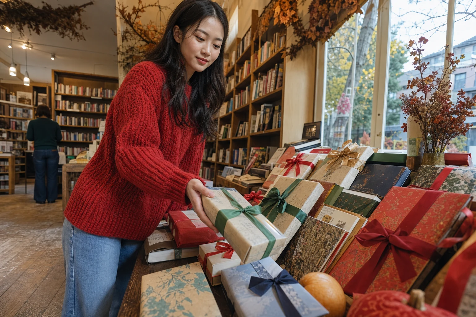 A shopper choosing a ribbon-wrapped book bundle from a seasonal bookshop display.