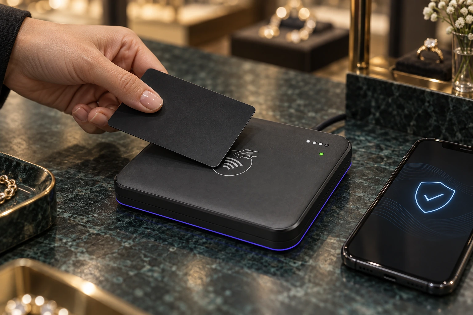 A customer tapping a black bank card on the Trilogy card reader beside a phone displaying a security check.