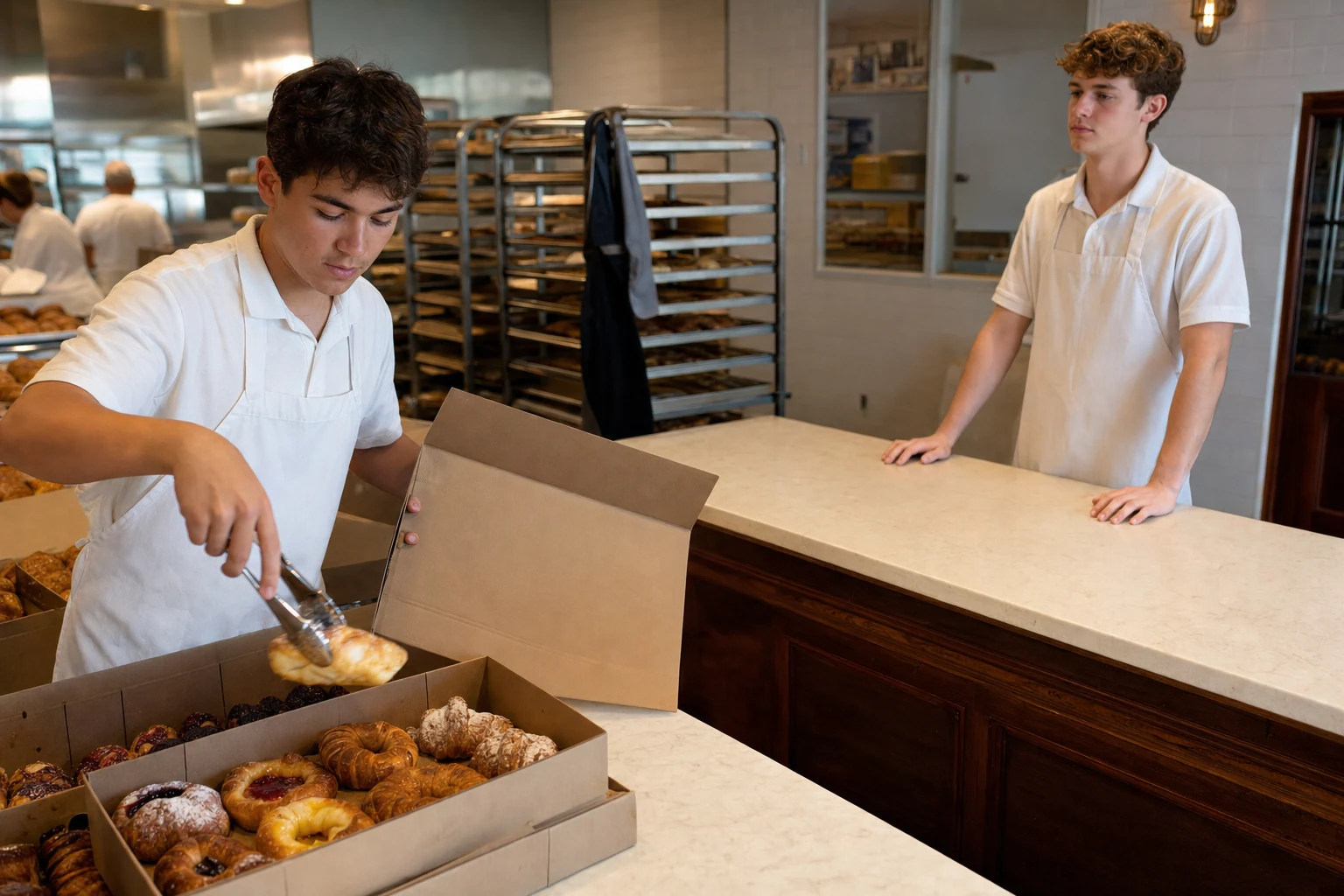 One bakery employee fills pastry boxes while another waits at an empty station.