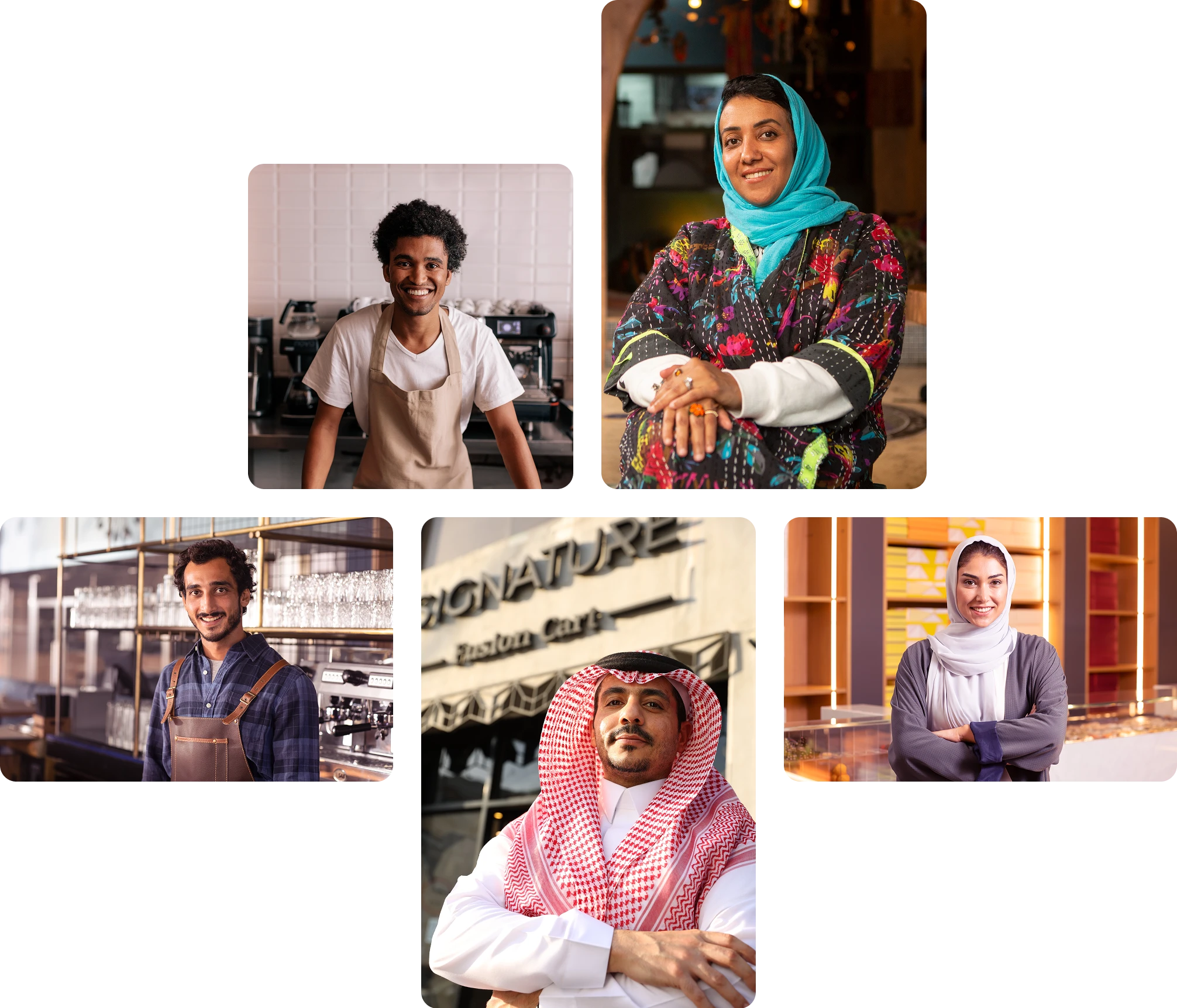 A collage of five business owners in restaurants, shops, and workplaces.